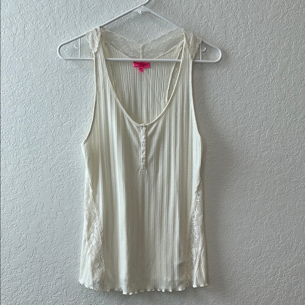 Betsey Johnson Cream Pleated Tank Top With Lace